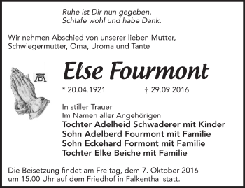 Traueranzeige von Else Fourmont von Märkische Oderzeitung