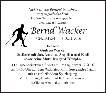 Traueranzeige von Bernd Wacker von Märkische Oderzeitung