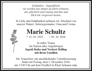 Traueranzeige von Marie Schultz von Märkische Oderzeitung