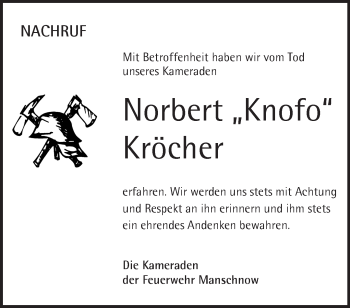 Traueranzeige von Norbert Kröcher von Märkische Oderzeitung