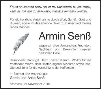 Traueranzeige von Armin Senß von Märkische Oderzeitung