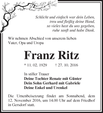 Traueranzeige von Franz Ritz von Märkische Oderzeitung