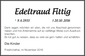 Traueranzeige von Edeltraud Fittig von Märkische Oderzeitung