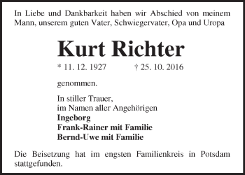 Traueranzeige von Kurt Richter von Märkische Oderzeitung