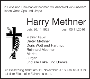 Traueranzeige von Harry Methner von Märkische Oderzeitung