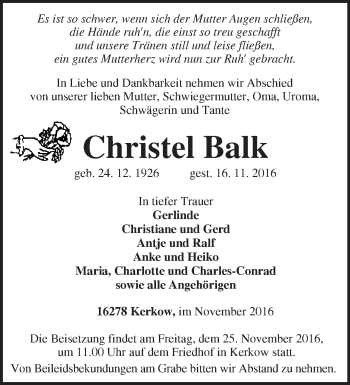 Traueranzeige von Christel Balk von Märkische Oderzeitung