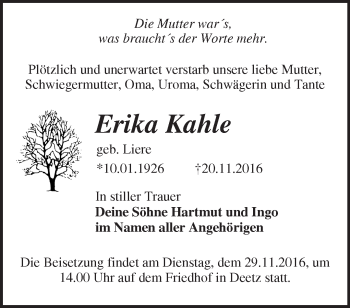 Traueranzeige von Erika Kahle von Märkische Oderzeitung