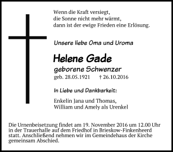 Traueranzeige von Helene Gade von Märkische Oderzeitung