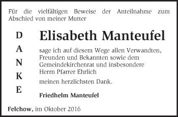 Traueranzeige von Elisabeth Manteufel von Märkische Oderzeitung