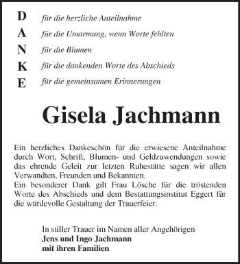 Traueranzeige von Gisela Jachmann von Märkische Oderzeitung