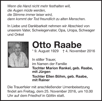 Traueranzeige von Otto Raabe von Märkische Oderzeitung