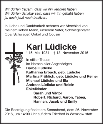 Traueranzeige von Karl Lüdicke von Märkische Oderzeitung