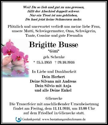 Traueranzeige von Brigitte Busse von Märkische Oderzeitung