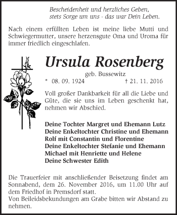 Traueranzeige von Ursula Rosenberg von Märkische Oderzeitung