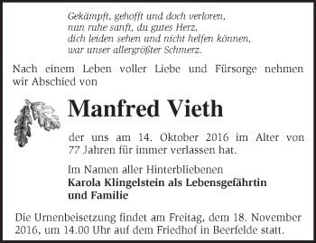 Traueranzeige von Manfred Vieth von Märkische Oderzeitung