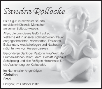 Traueranzeige von Sandra Röllecke von Märkische Oderzeitung