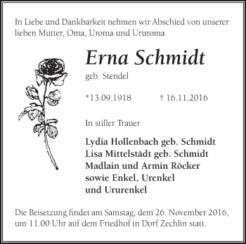 Traueranzeige von Erna Schmidt von Märkische Oderzeitung