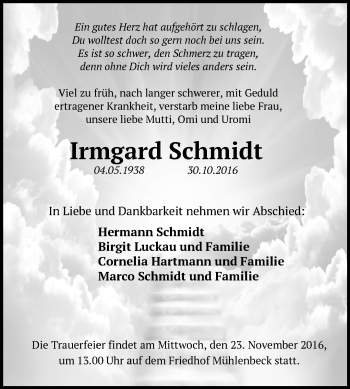 Traueranzeige von Irmgard Schmidt von Märkische Oderzeitung