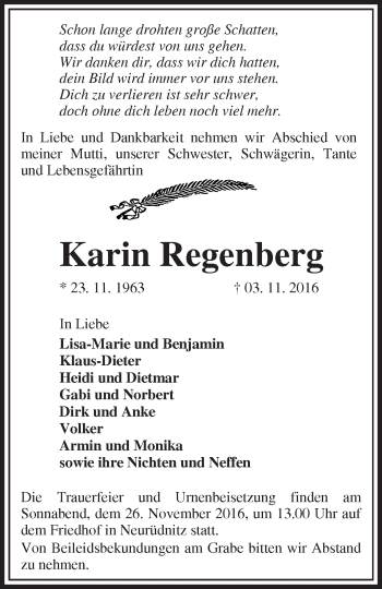 Traueranzeige von Karin Regenberg von Märkische Oderzeitung