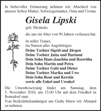 Traueranzeige von Gisela Lipski von Märkische Oderzeitung