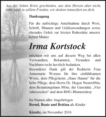 Traueranzeige von Irma Kortstock von Märkische Oderzeitung