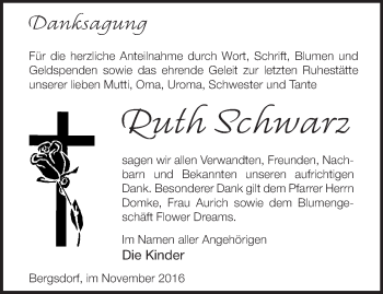 Traueranzeige von Ruth Schwarz von Märkische Oderzeitung