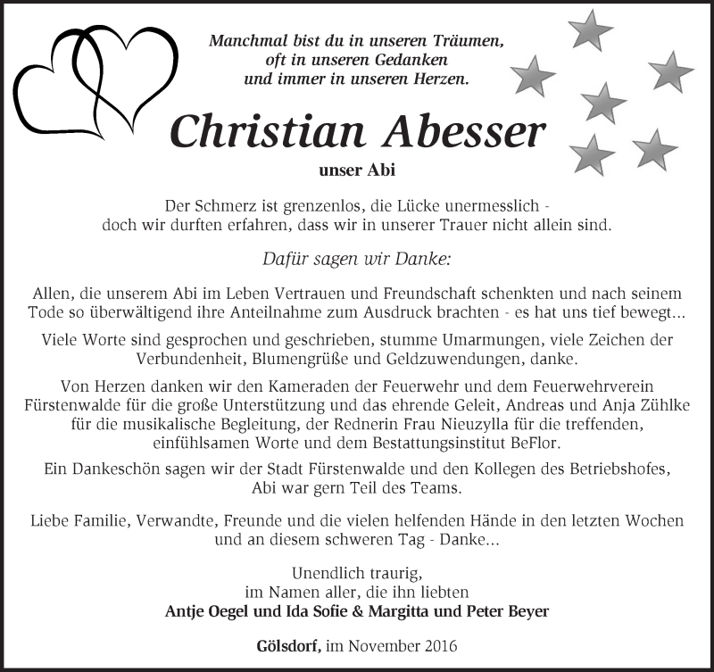  Traueranzeige für Christian Abesser vom 26.11.2016 aus Märkische Oderzeitung