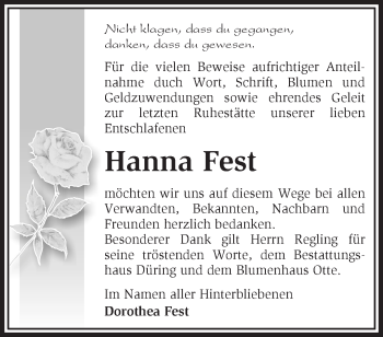 Traueranzeige von Hanna Fest von Märkische Oderzeitung