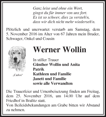 Traueranzeige von Werner Wollin von Märkische Oderzeitung