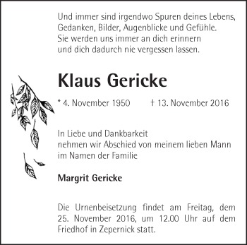 Traueranzeige von Klaus Gericke von Märkische Oderzeitung