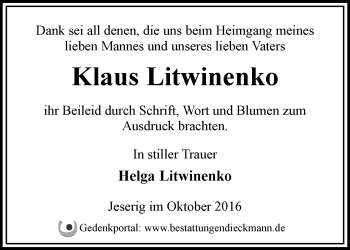 Traueranzeige von Klaus Litwinenko von Märkische Oderzeitung