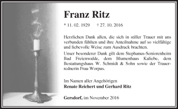 Traueranzeige von Franz Ritz von Märkische Oderzeitung