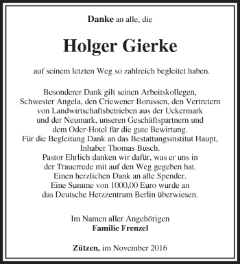 Traueranzeige von Holger Gierke von Märkische Oderzeitung