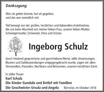 Traueranzeige von Ingeborg Schulz von Märkische Oderzeitung