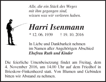 Traueranzeige von Harri Isenmann von Märkische Oderzeitung