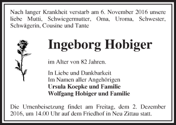 Traueranzeige von Ingeborg Hobiger von Märkische Oderzeitung