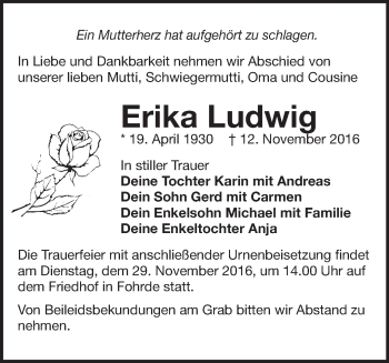 Traueranzeige von Erika Ludwig von Märkische Oderzeitung