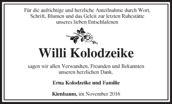 Traueranzeige von Willi Kolodzeike von Märkische Oderzeitung