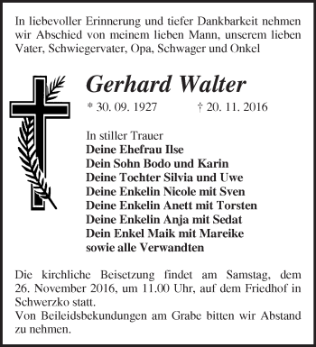 Traueranzeige von Gerhard Walter von Märkische Oderzeitung