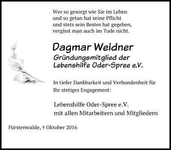 Traueranzeige von Dagmar Weidner von Märkische Oderzeitung