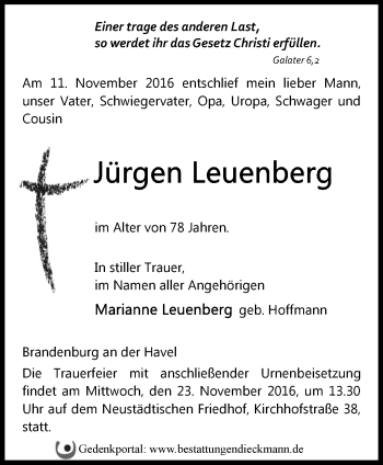 Traueranzeige von Jürgen Leuenberg von Märkische Oderzeitung