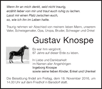 Traueranzeige von Gustav Knospe von Märkische Oderzeitung