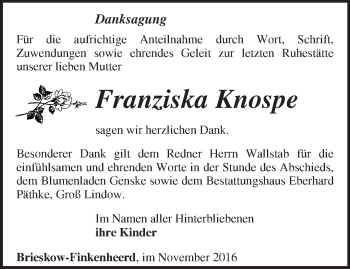 Traueranzeige von Franziska Knospe von Märkische Oderzeitung