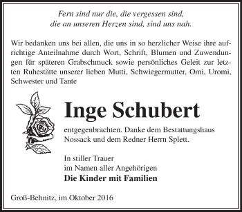 Traueranzeige von Inge Schubert von Märkische Oderzeitung