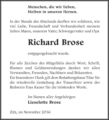 Traueranzeige von Richard Brose von Märkische Oderzeitung