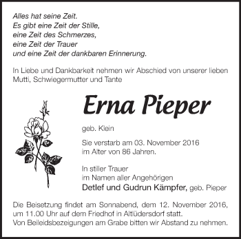 Traueranzeige von Erna Pieper von Märkische Oderzeitung