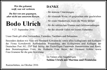 Traueranzeige von Bodo Ulrich von Märkische Oderzeitung