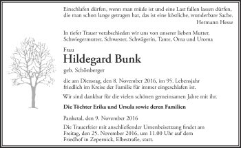 Traueranzeige von Hildegard Bunk von Märkische Oderzeitung