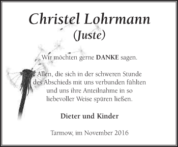 Traueranzeige von Christel Lohrmann von Märkische Oderzeitung