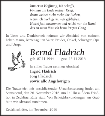 Traueranzeige von Bernd Flädrich von Märkische Oderzeitung